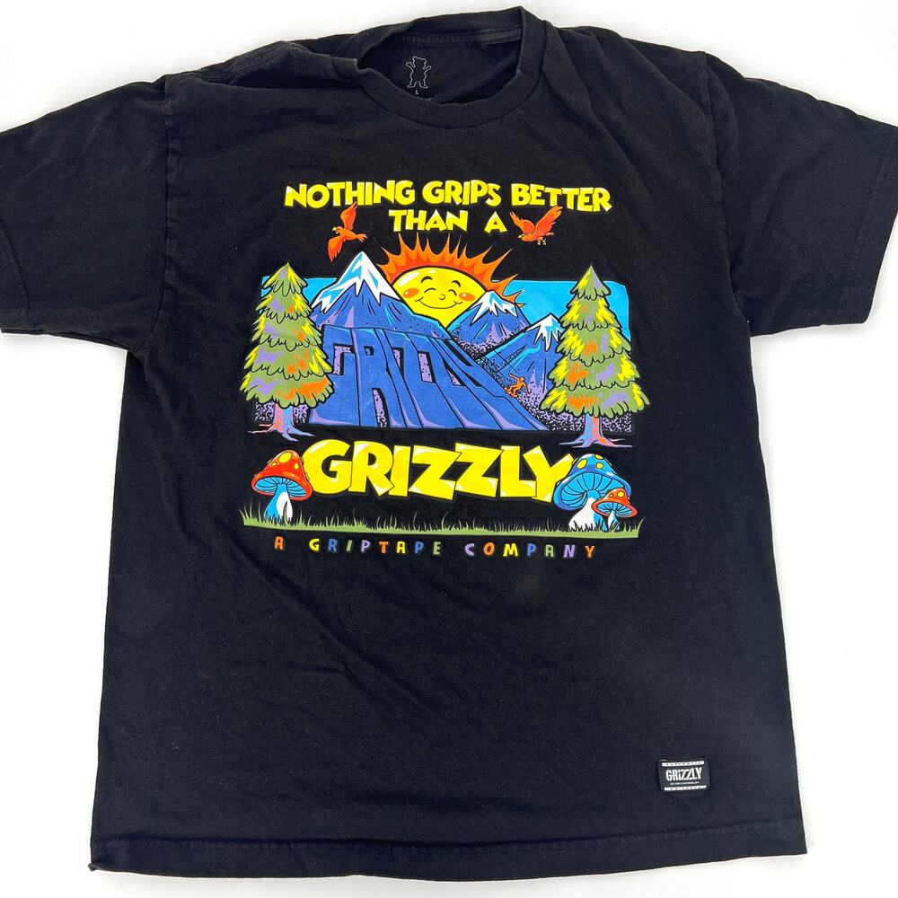 Grizzly Griptape "Nothing Grips Better" Black Graphic T Shirt Size L Preowned